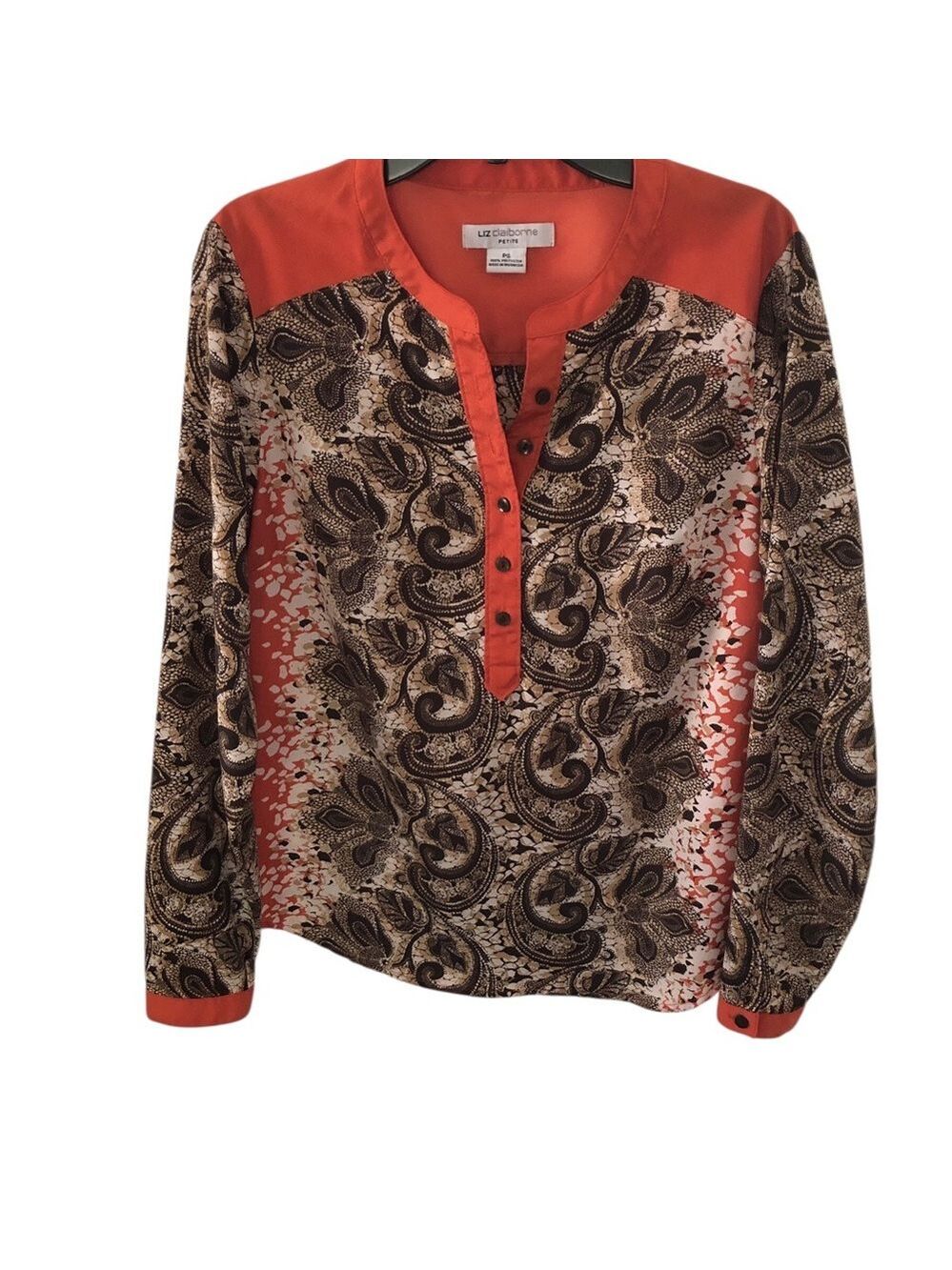 Liz Claiborne Coral Orange and Brown Paisley Henley Boho Abstract Floral Tunic